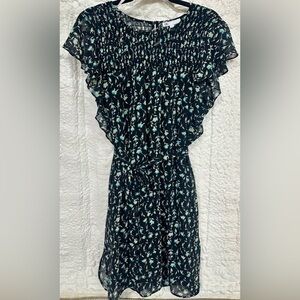 Midnight blue / black midi Floral Print  Medium Dress w/ pockets, removable belt